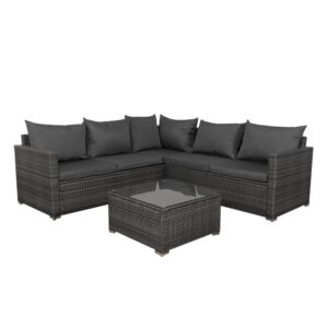 Panana 5 Seater Rattan Garden Furniture Set – Corner Sofa, Coffee Table, Cushions & Free Cover, Mixed Grey Rattan/Grey Cushions