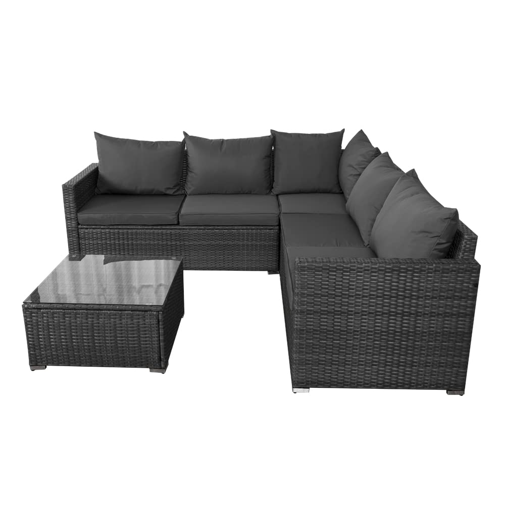Panana 5 Seater Rattan Garden Furniture Set – Corner Sofa, Coffee Table, Cushions & Free Cover, Mixed Grey Rattan/Grey Cushions - Image 8