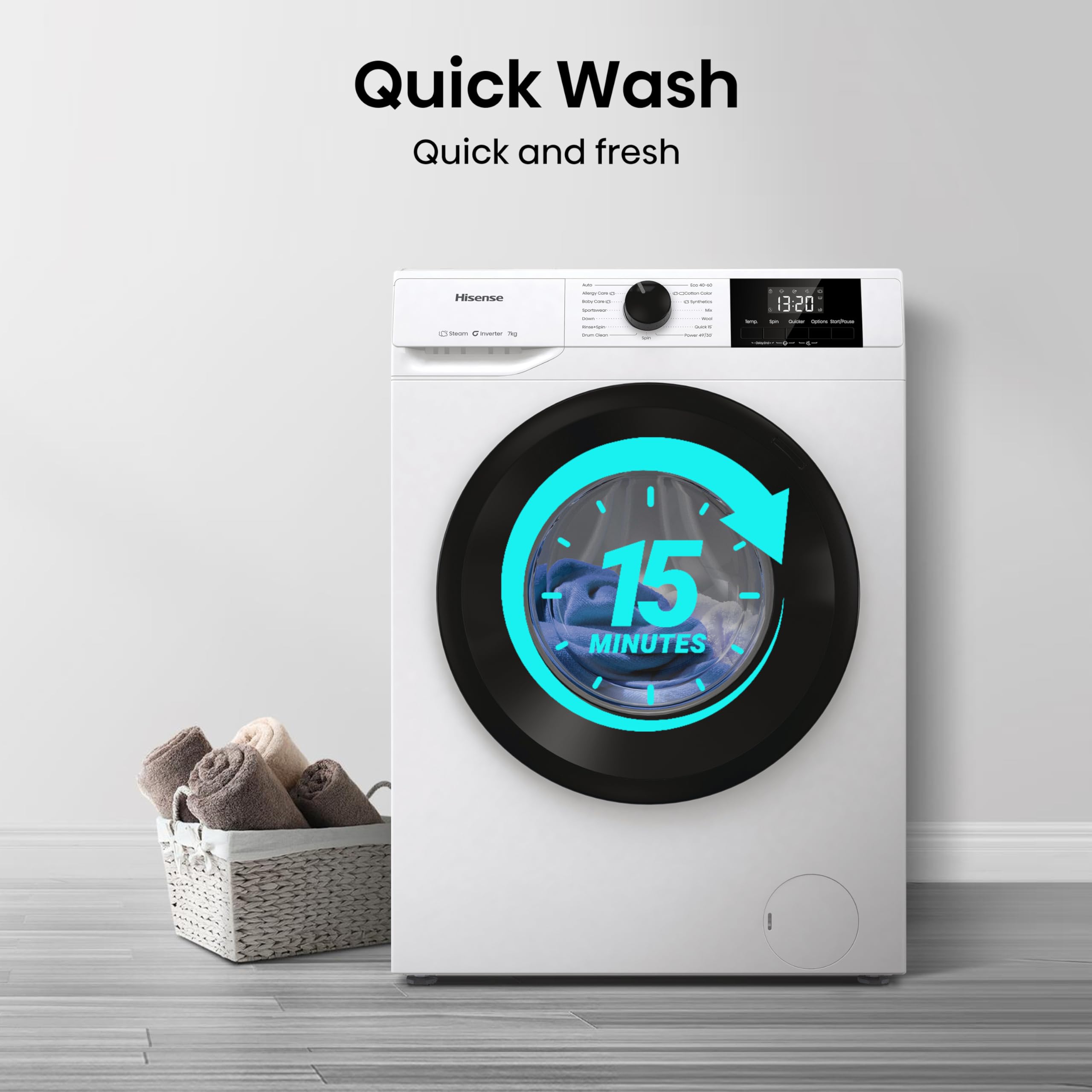 Hisense WF1G7021BW 7KG Front Load Washing Machine – Inverter, Steam Wash, Quick Wash, 15 Programmes, 1200RPM, B Rated, White - Image 8