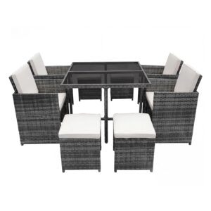 Panana 8 Seater Rattan Garden Dining Set – Table, 4 Chairs & 4 Stools, Cube Space Saving Outdoor Furniture