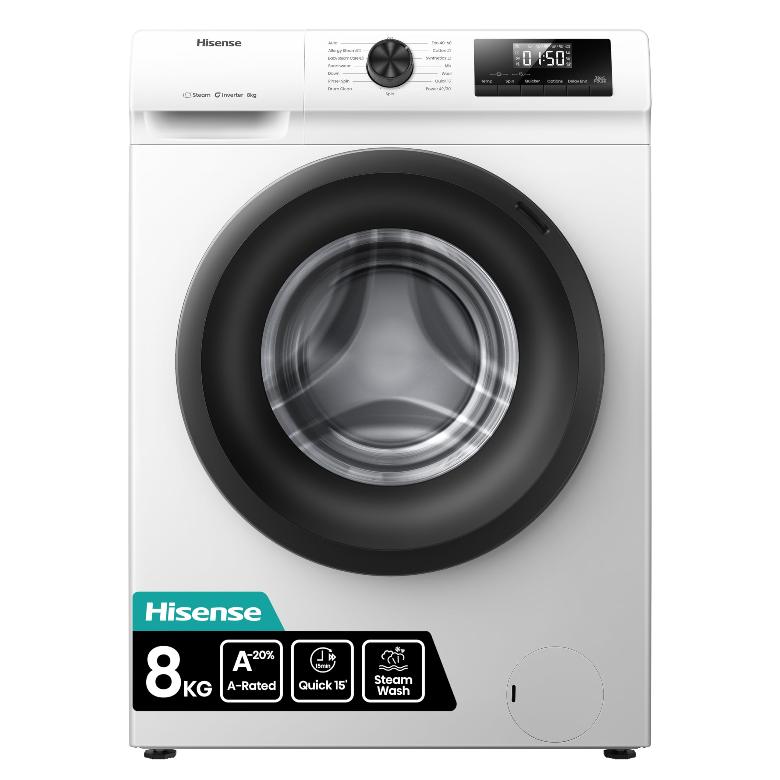 Hisense WF1Q8041BW 8KG Front Load Washing Machine – Inverter, Steam Wash, Quick Wash, 15 Programmes, 1400RPM, A Rated, White