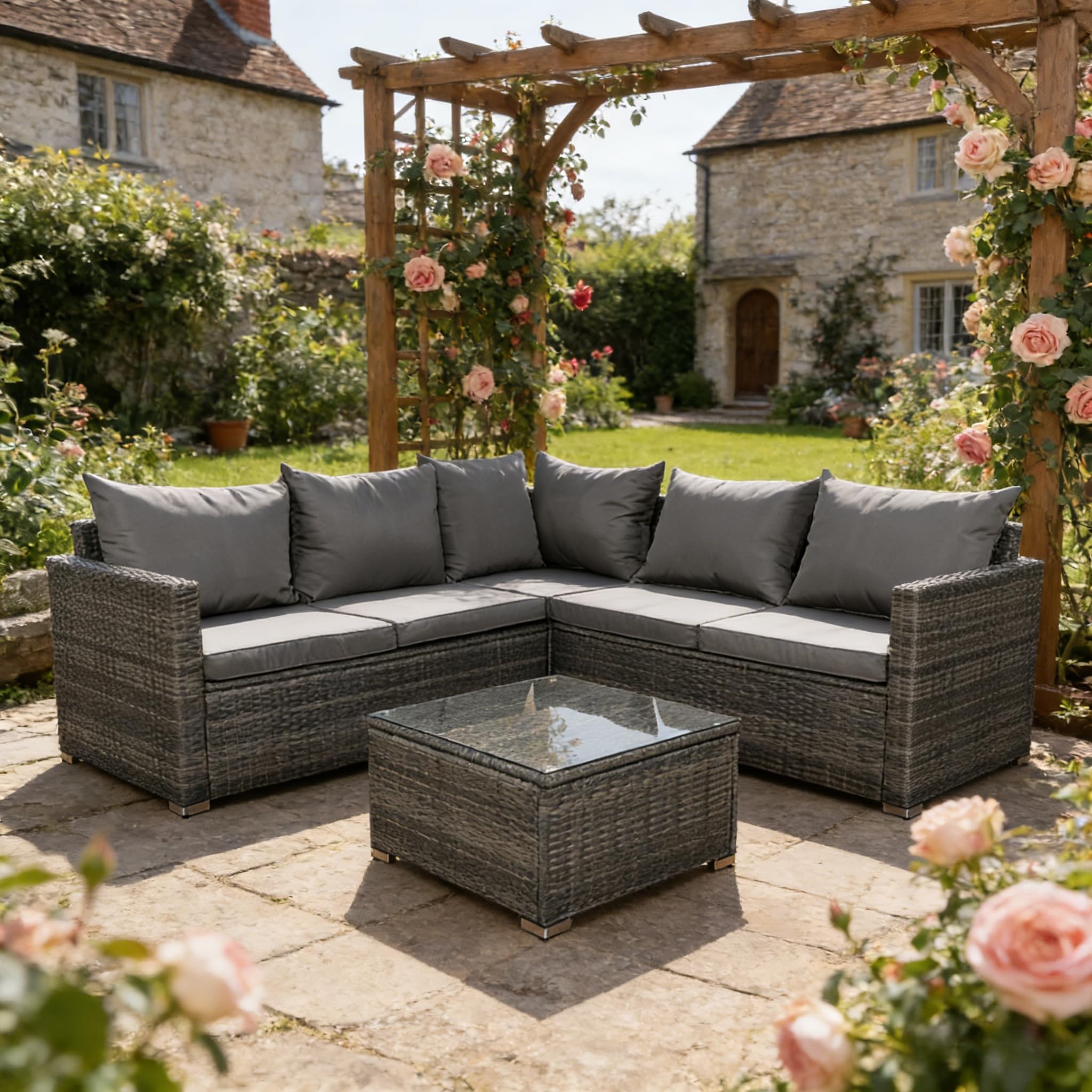 Panana 5 Seater Rattan Garden Furniture Set – Corner Sofa, Coffee Table, Cushions & Free Cover, Mixed Grey Rattan/Grey Cushions - Image 9