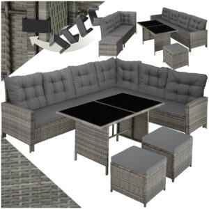 tectake Rattan Garden Furniture Set – 8 Seater Outdoor Sofa, 2 Stools, Table, Cushions, Mottled Grey