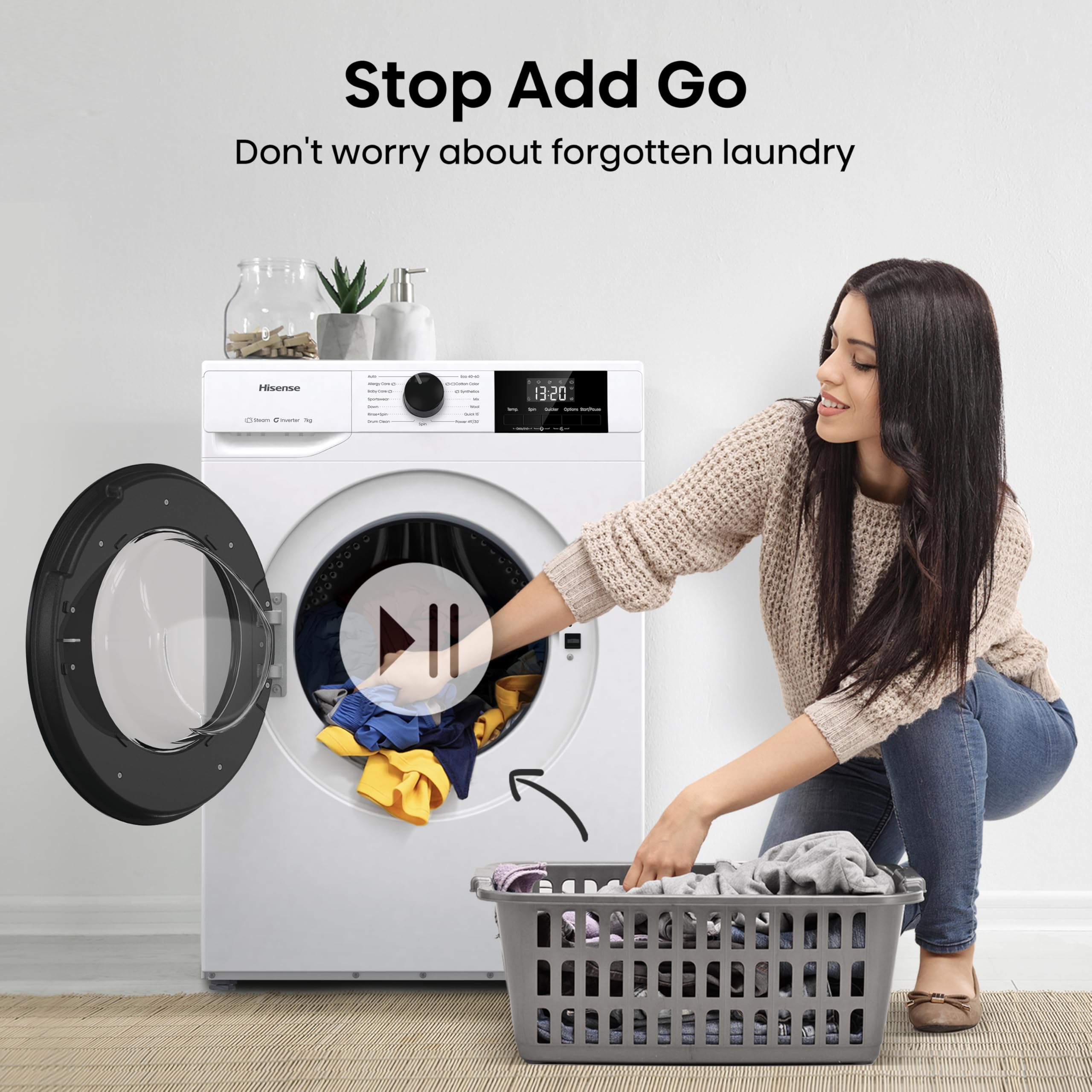 Hisense WF1G7021BW 7KG Front Load Washing Machine – Inverter, Steam Wash, Quick Wash, 15 Programmes, 1200RPM, B Rated, White - Image 5