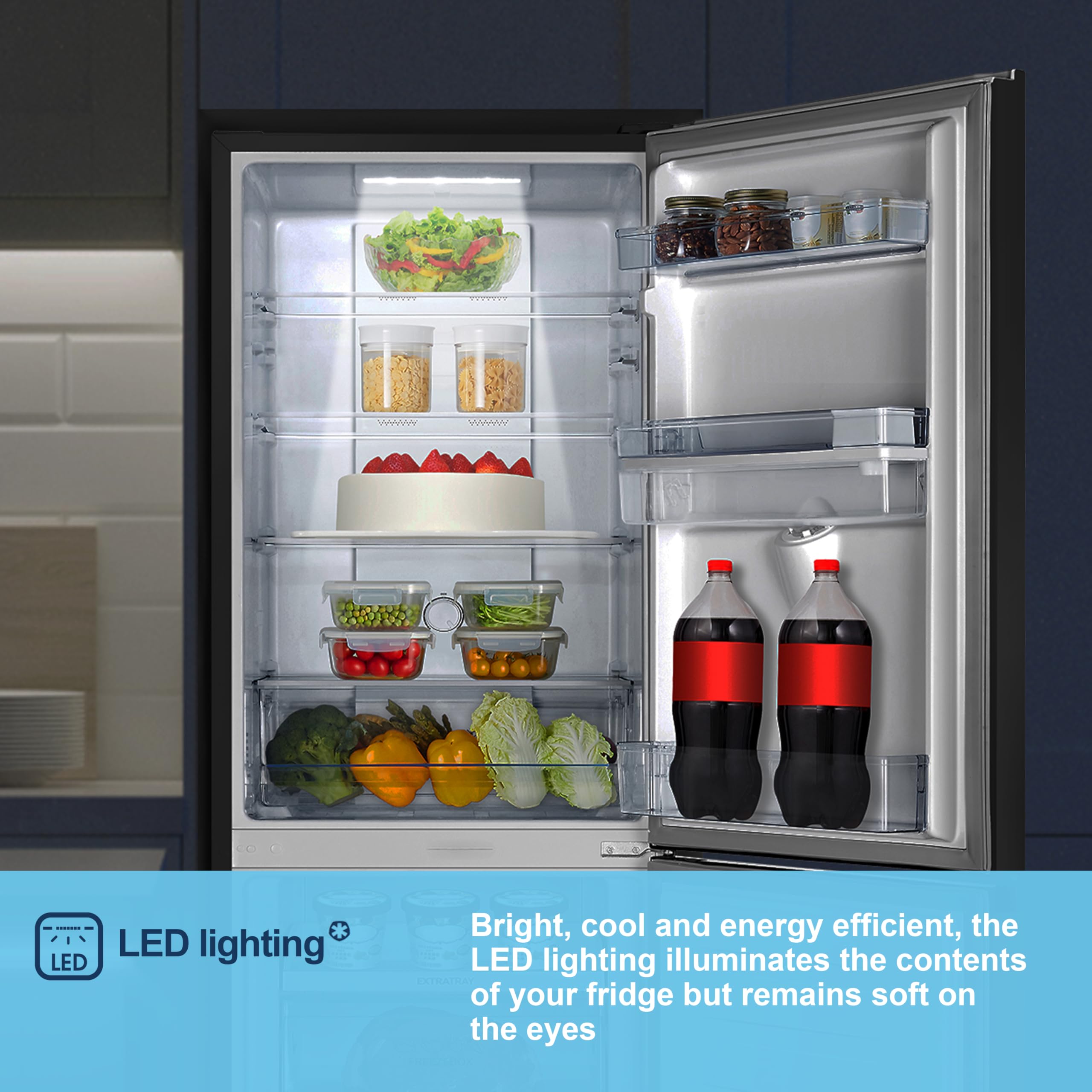 Fridgemaster MC55251DEB 256L 50/50 Fridge Freezer – Frost Free, Water Dispenser, LED, 4 Star, E Rated, Black - Image 9