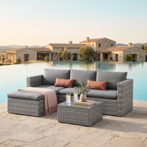 EVRE Malibu Rattan Garden Furniture Set – 3 Seater Sofa, Ottoman Footstool & Glass Top Coffee Table, Grey